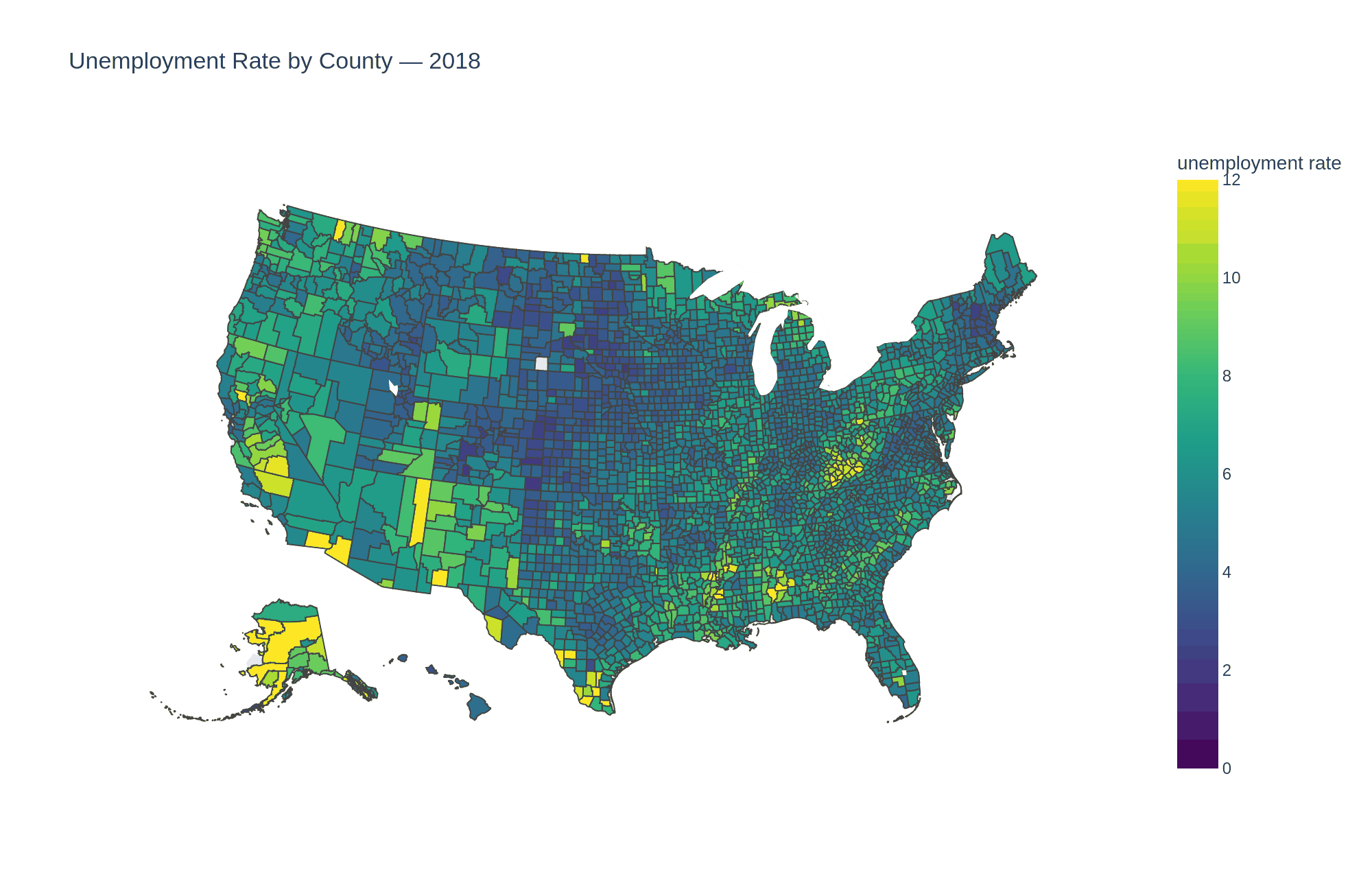 A green-blue chloropleth map of the United States' enemployment rate by county