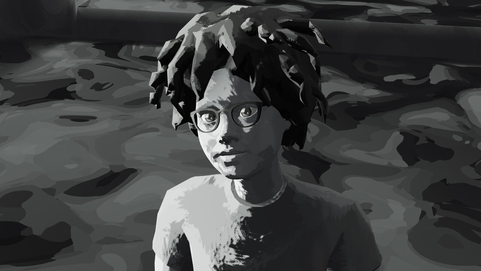 Bryné glances up at the camera in the upcoming documentary, UNDOCTORED. A gray scale image of a person with dark hair and glasses look up at the camera.