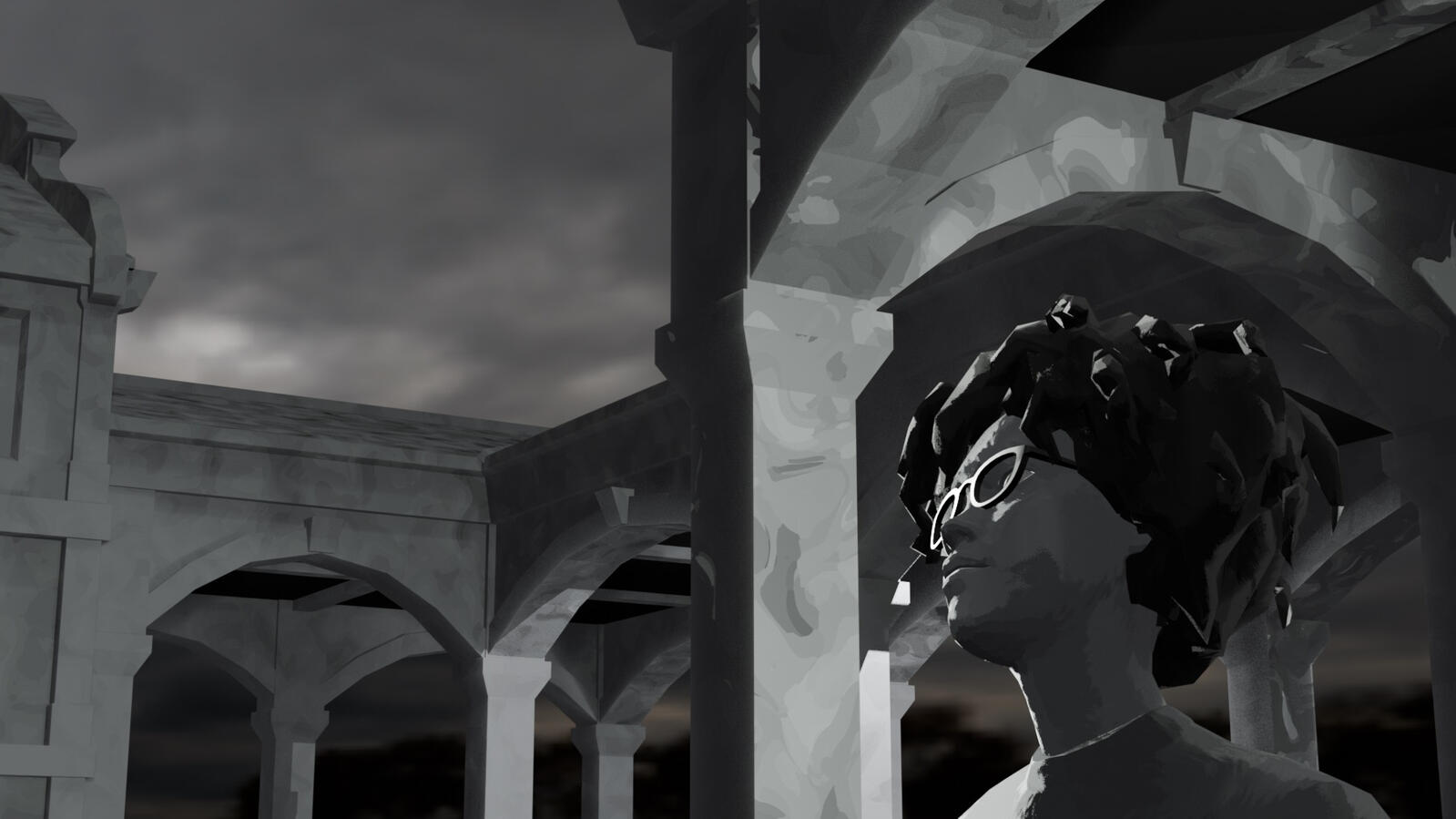 Bryné looks into the distance under the arched hallways of a college campus. A person in grayscale with dark hair and glasses stands in front of an arched hallway and looks away from the camera.