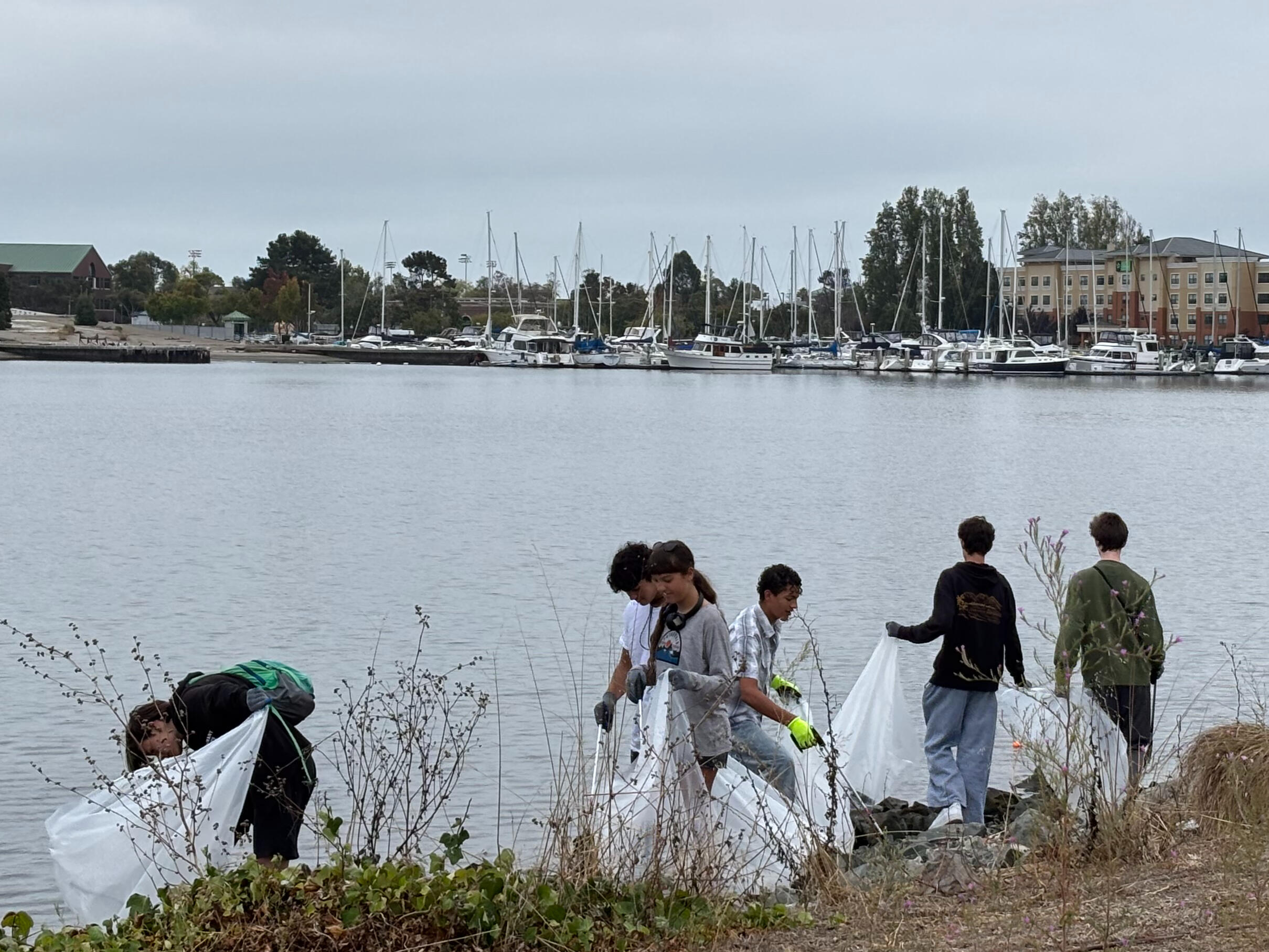 Fellow volunteers pick up trash along the shore. Photo: Bryné Hadnott Photo by Bryné Hadnott, KneeDeep Times